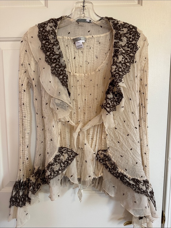 Alberto Makali Sweaters - Light Cream Ruffled Lace-Trim Women’s Tank + Cardigan